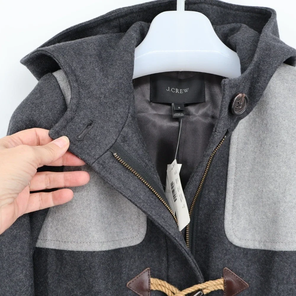 NWT J Crew Colorblock Duffle Coat Wool Black Gray Size 0 Nautical Boating Preppy - Picture 6 of 11